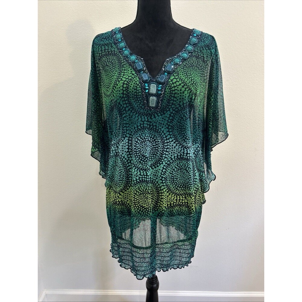 Maurices Womens Plus Sz 1 Semi Sheer Top Multi Color V Neck Beads At Neck